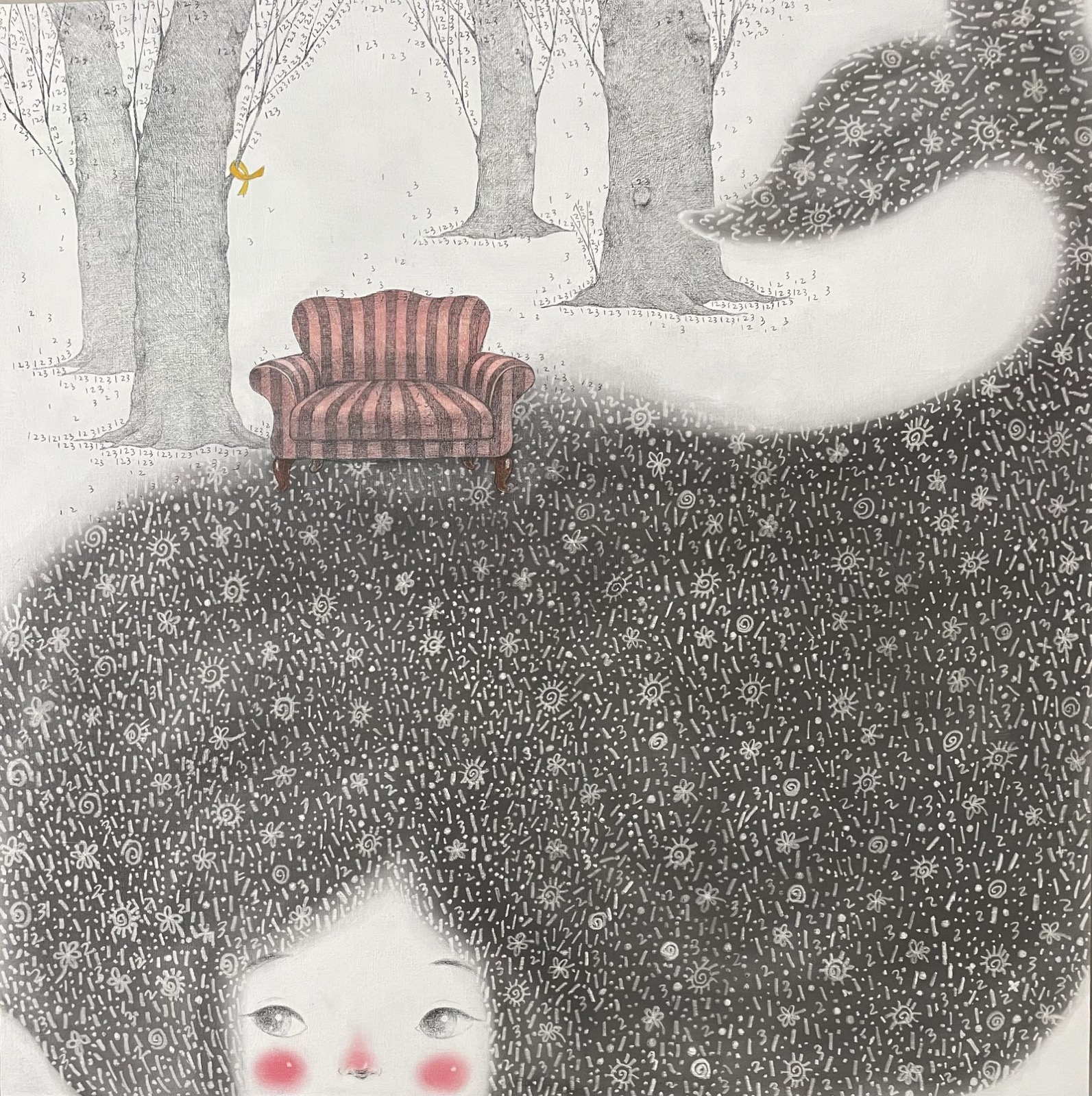 Genie Kim, A Room of One’s Own 1, 2025, Gesso, charcoal, pencil, eraser, pastel accents on wood panel