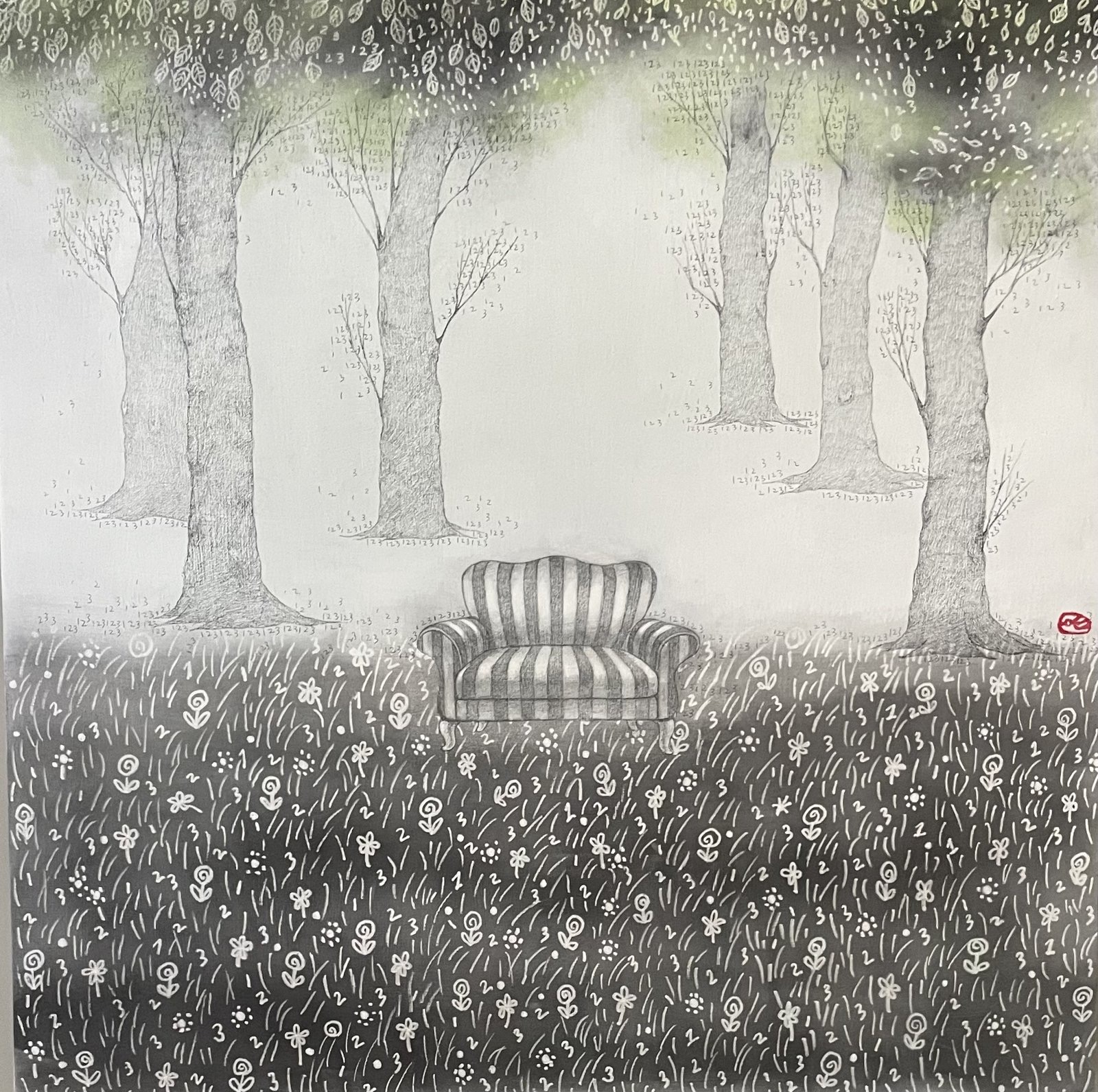 Genie Kim, A Room of One’s Own 3, 2025, Gesso, charcoal, pencil, eraser, pastel accents on wood panel