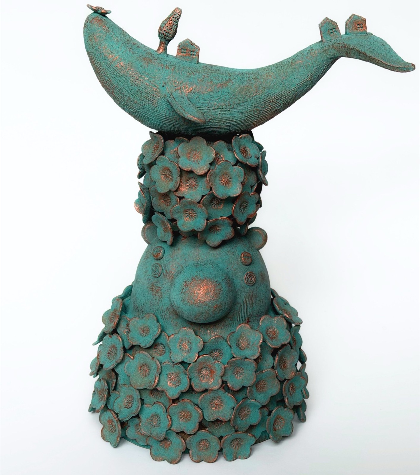 Genie Kim, Healing Flowers (Whale) 2, 2026, Clay, underglaze, partial bronze finish