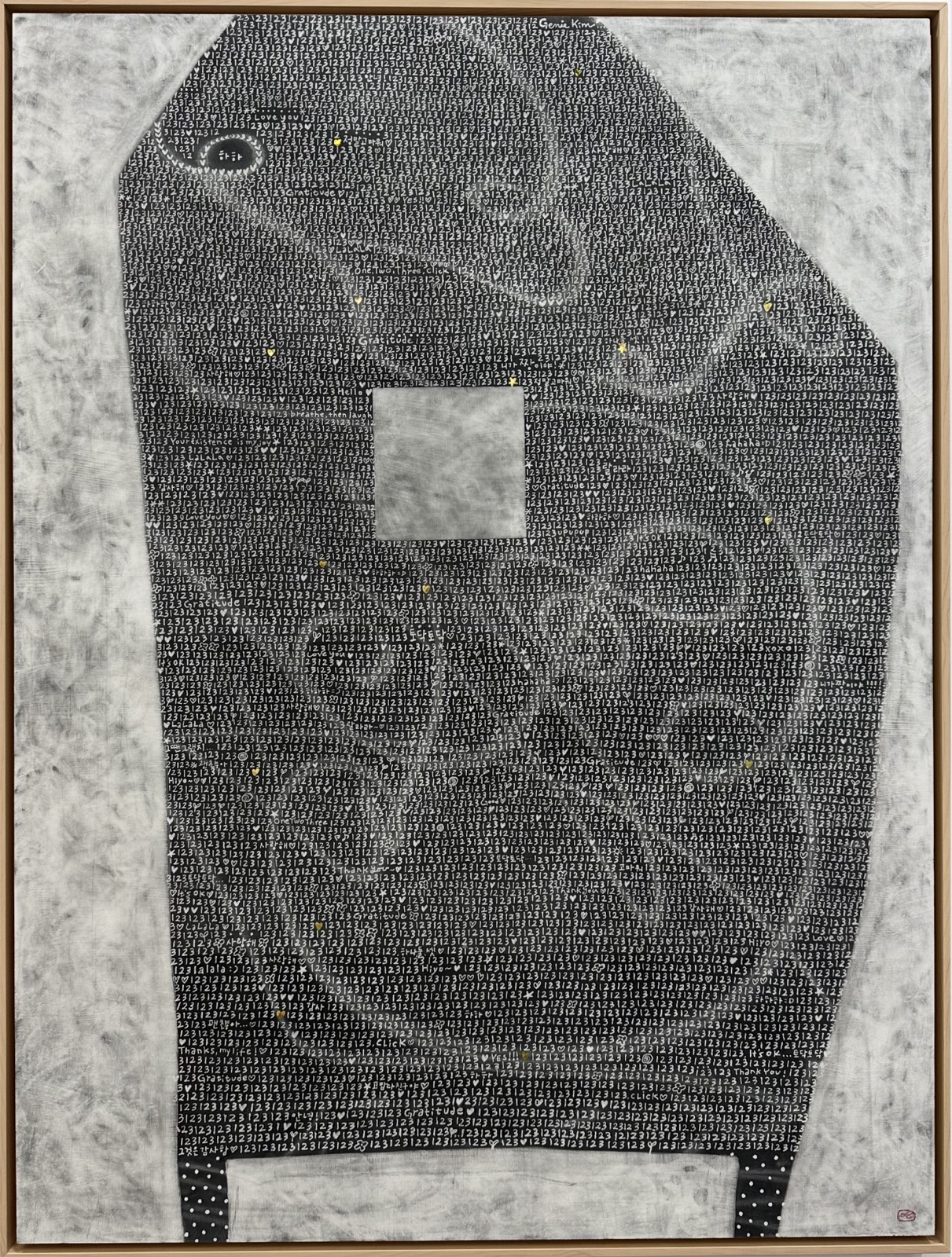 Genie Kim, One, Two, Three 1, 2026, Gesso, charcoal, pencil, eraser, pastel accents on wood panel