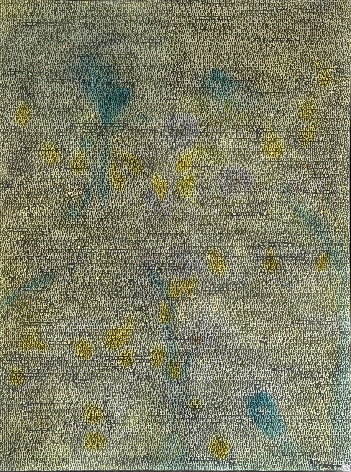 Genie Kim, One, Two, Three 11, 2026, Acrylic paint, charcoal on mineral-grounded wood panel, gold leaf accents