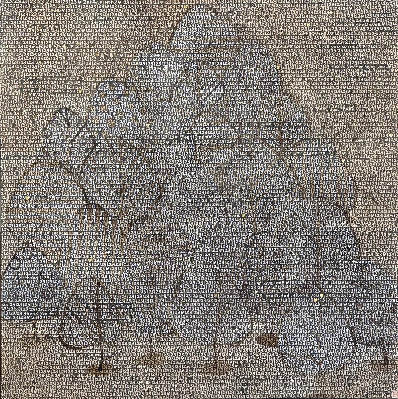 Genie Kim, One, Two, Three 13, 2026, Acrylic paint, charcoal on mineral-grounded wood panel, gold leaf accents