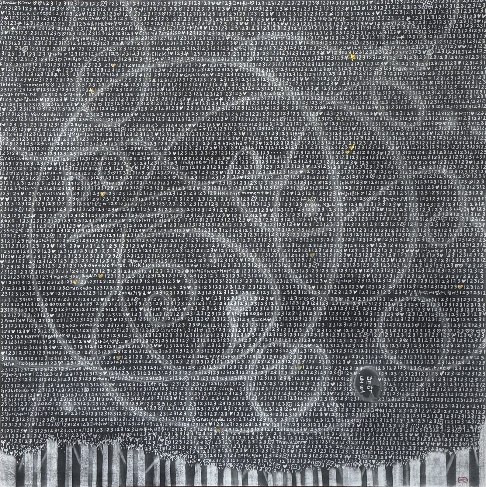 Genie Kim, One, Two, Three 14, 2026, Acrylic paint, charcoal on mineral-grounded wood panel, gold leaf accents