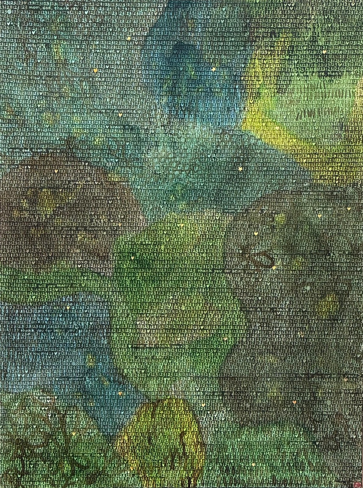 Genie Kim, One, Two, Three 16, 2026, Acrylic paint, charcoal on mineral-grounded wood panel, gold leaf accents