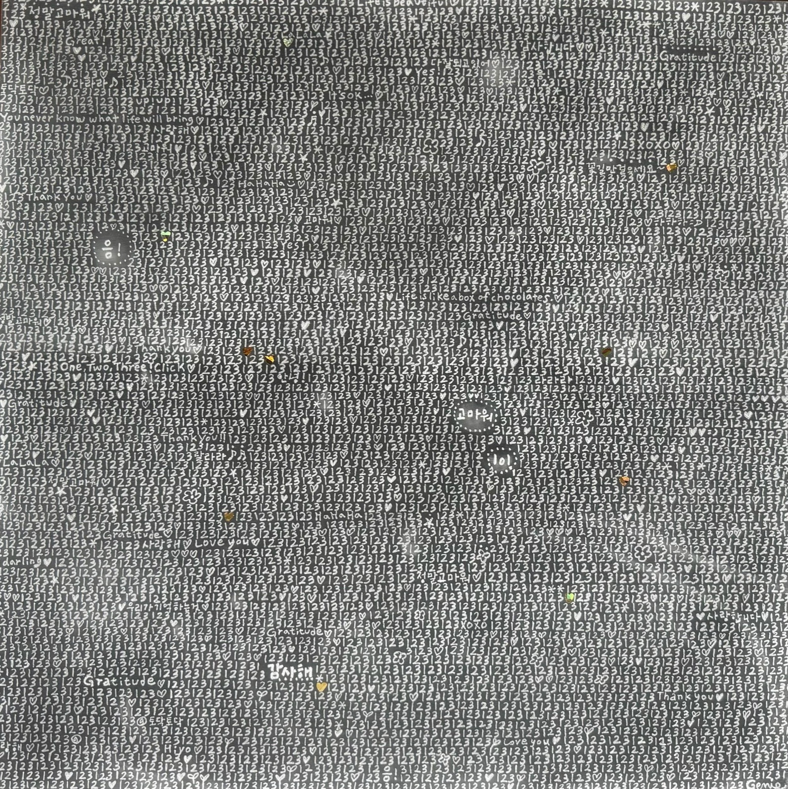 Genie Kim, One, Two, Three 18, 2026, Charcoal on mineral-grounded wood panel, gold leaf accents