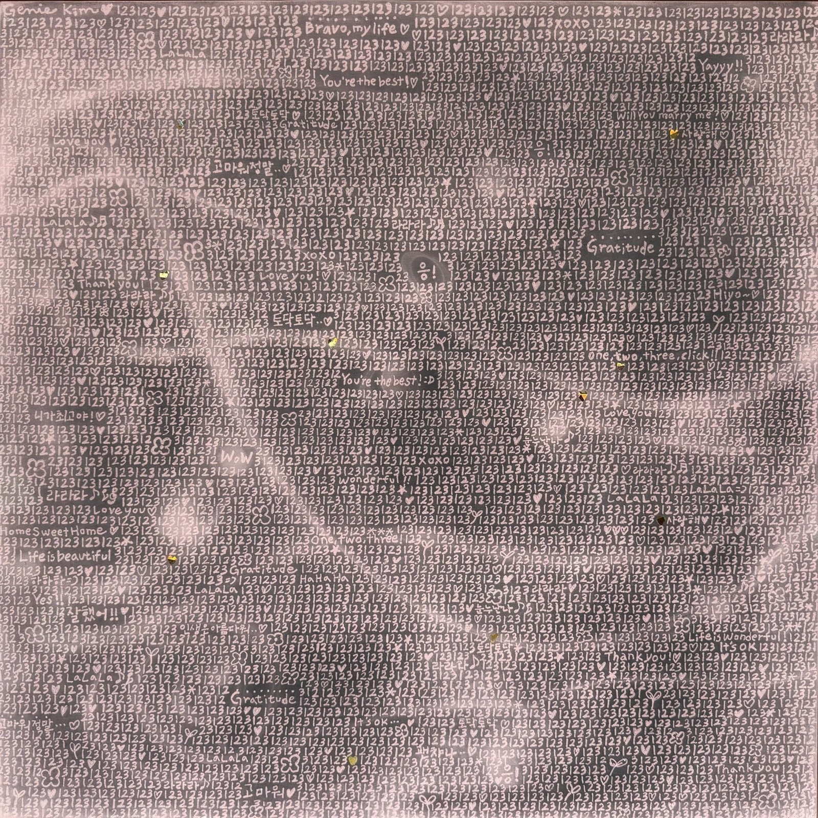 Genie Kim, One, Two, Three 19, 2026, Charcoal on mineral-grounded wood panel, gold leaf accents