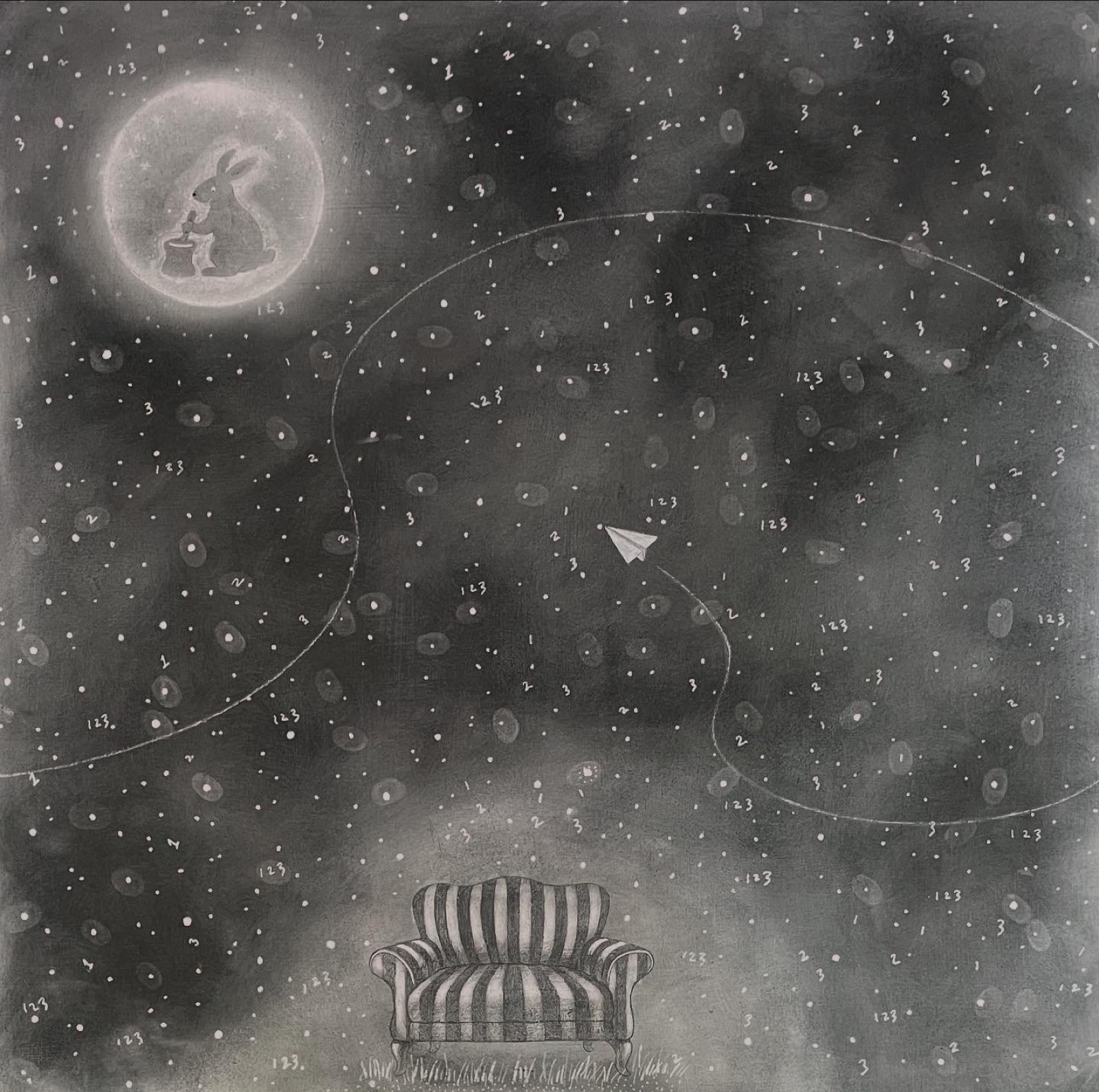 Genie Kim, One, Two, Three 20, 2025, Charcoal on mineral-grounded wood panel, gold leaf accents