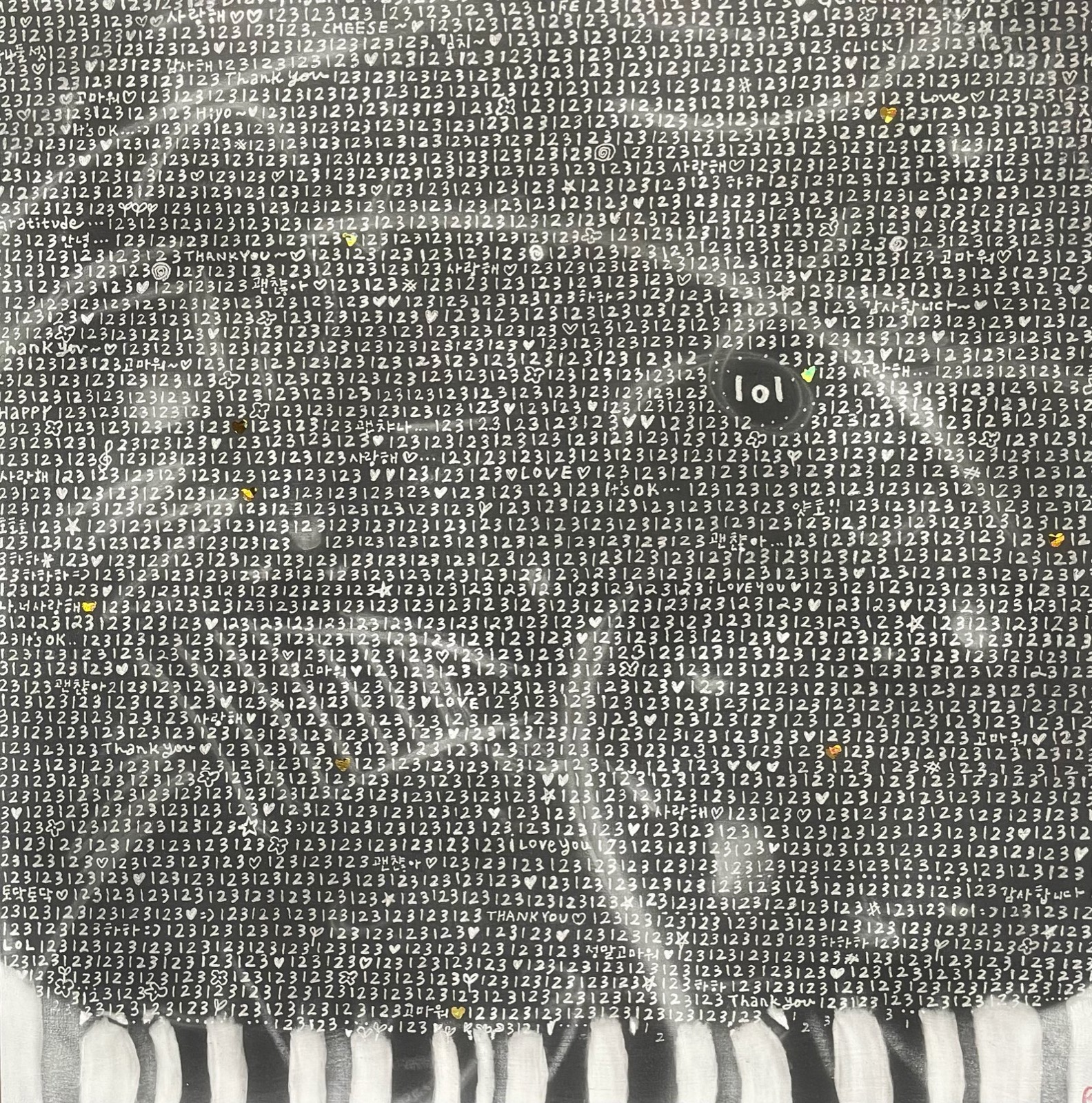 Genie Kim, One, Two, Three 3, 2026, Gesso, charcoal, pencil, eraser, pastel accents on wood panel