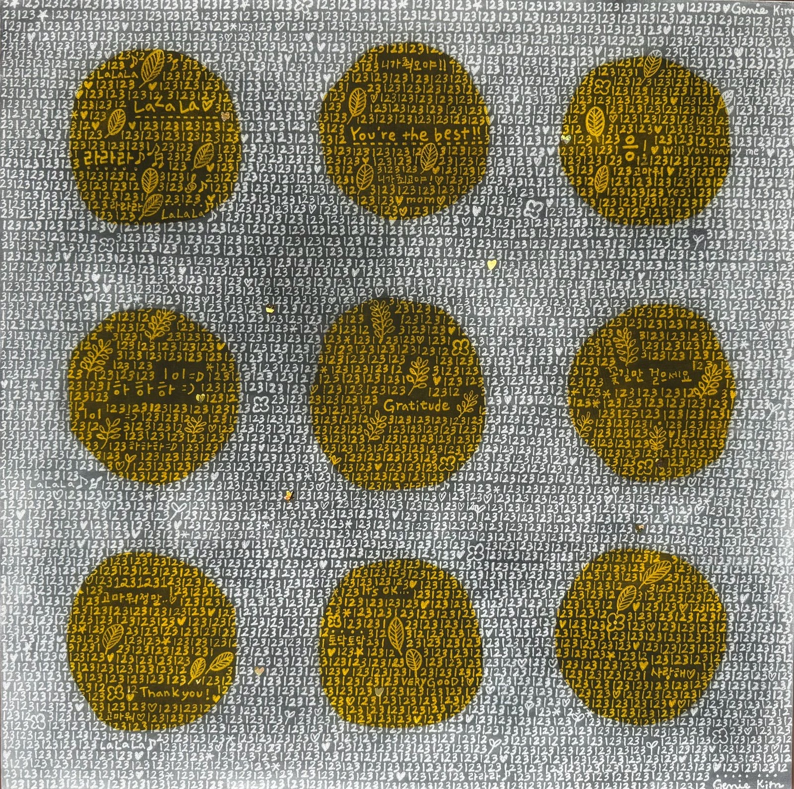 Genie Kim, One, Two, Three 4, 2026, Gesso, charcoal, pencil, eraser, pastel accents on wood panel