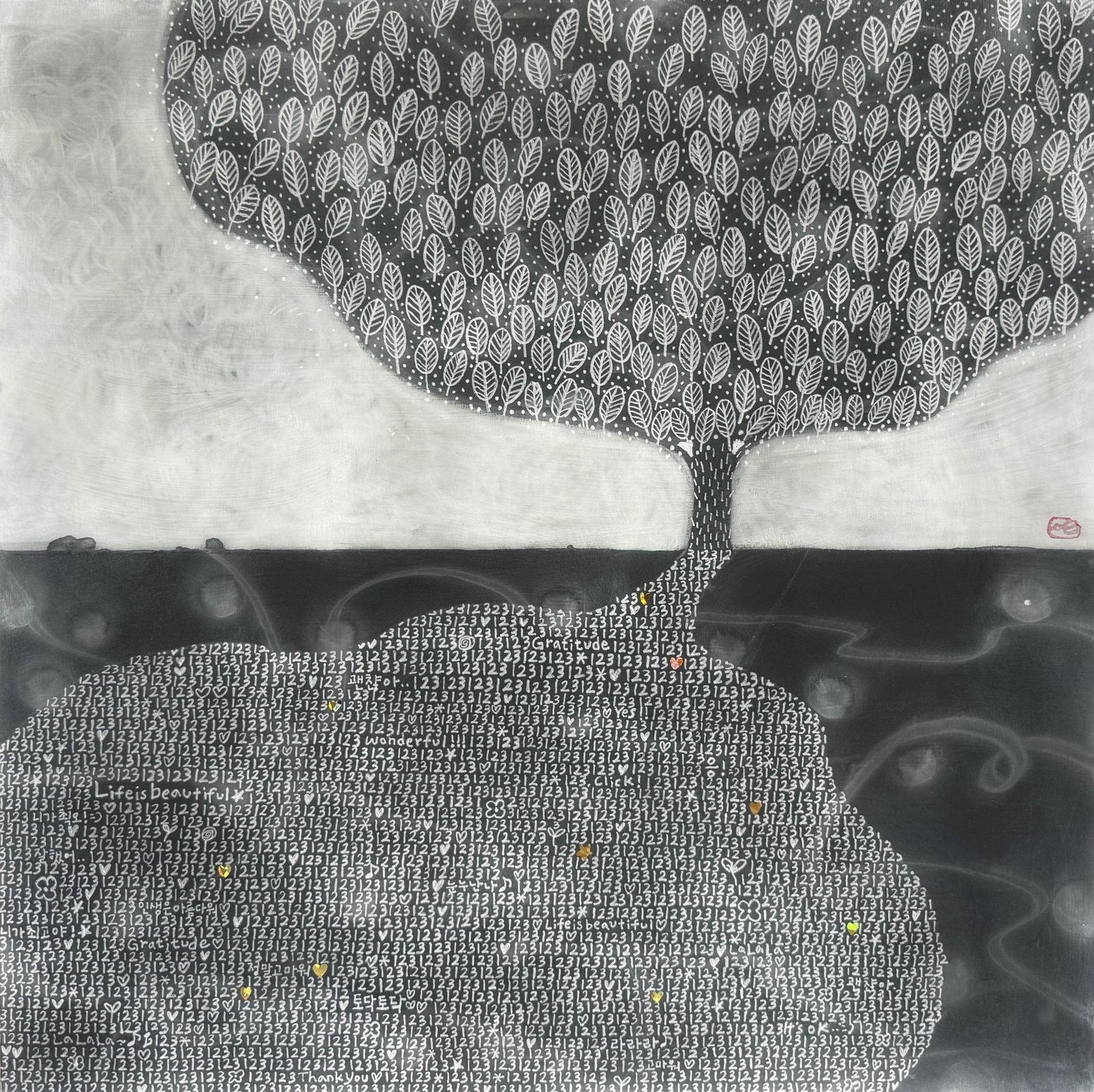 Genie Kim, One, Two, Three 5, 2026, Gesso, charcoal, pencil, eraser, pastel accents on wood panel