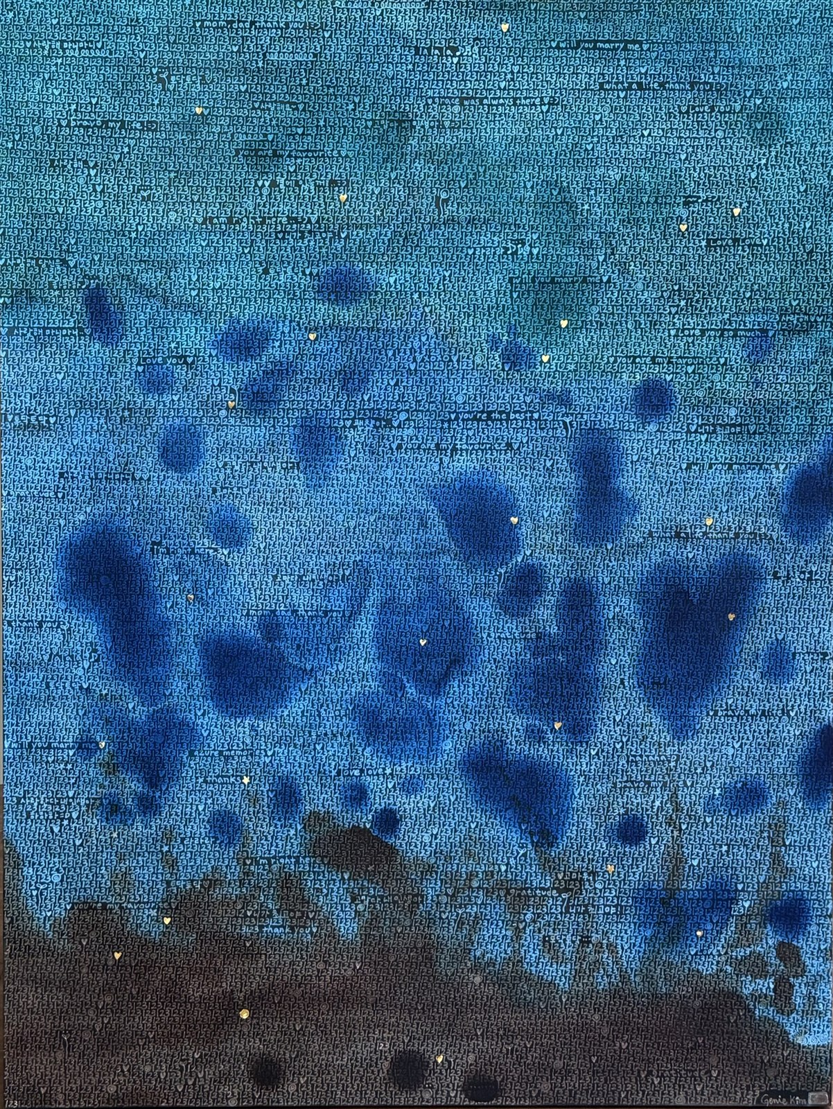 Genie Kim, One, Two, Three 9, 2026, Acrylic paint, charcoal on mineral-grounded wood panel, gold leaf accents