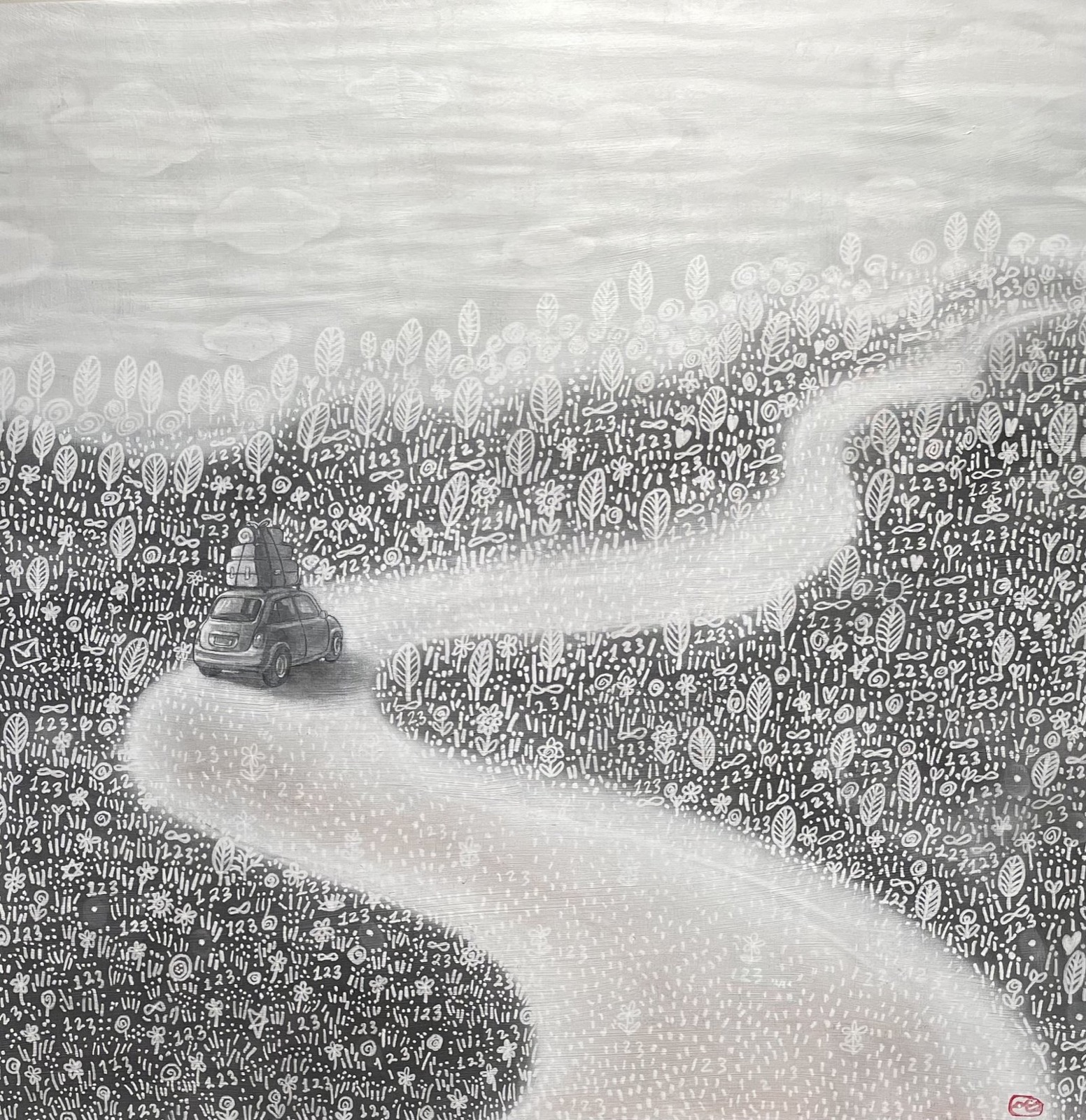 Genie Kim, Trace of Memory 3, 2025, Gesso, charcoal, pencil, eraser, pastel accents on wood panel
