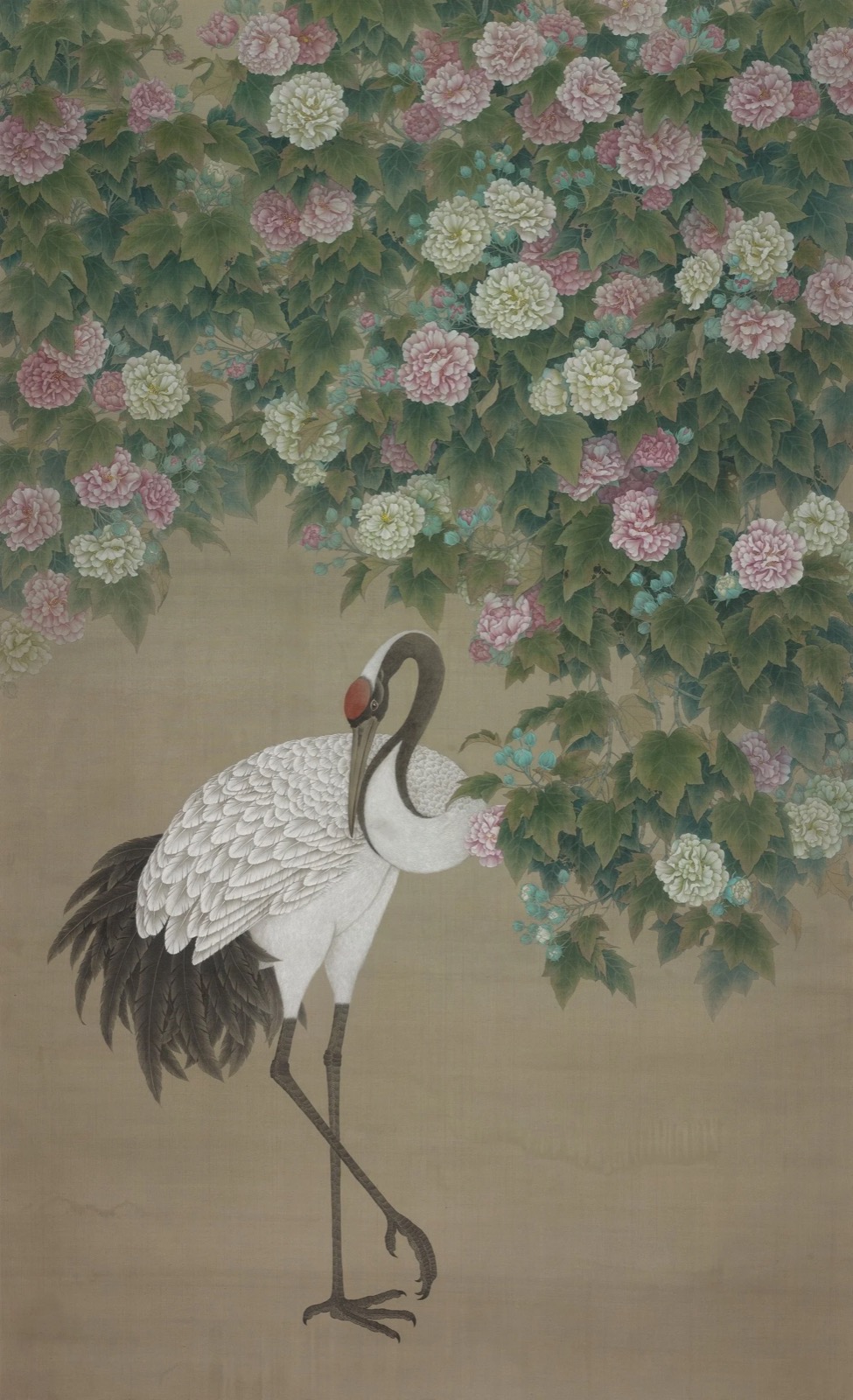 Kejie Lin, Crane Courtyard · Fall, 2023, Chinese ink and colour on silk