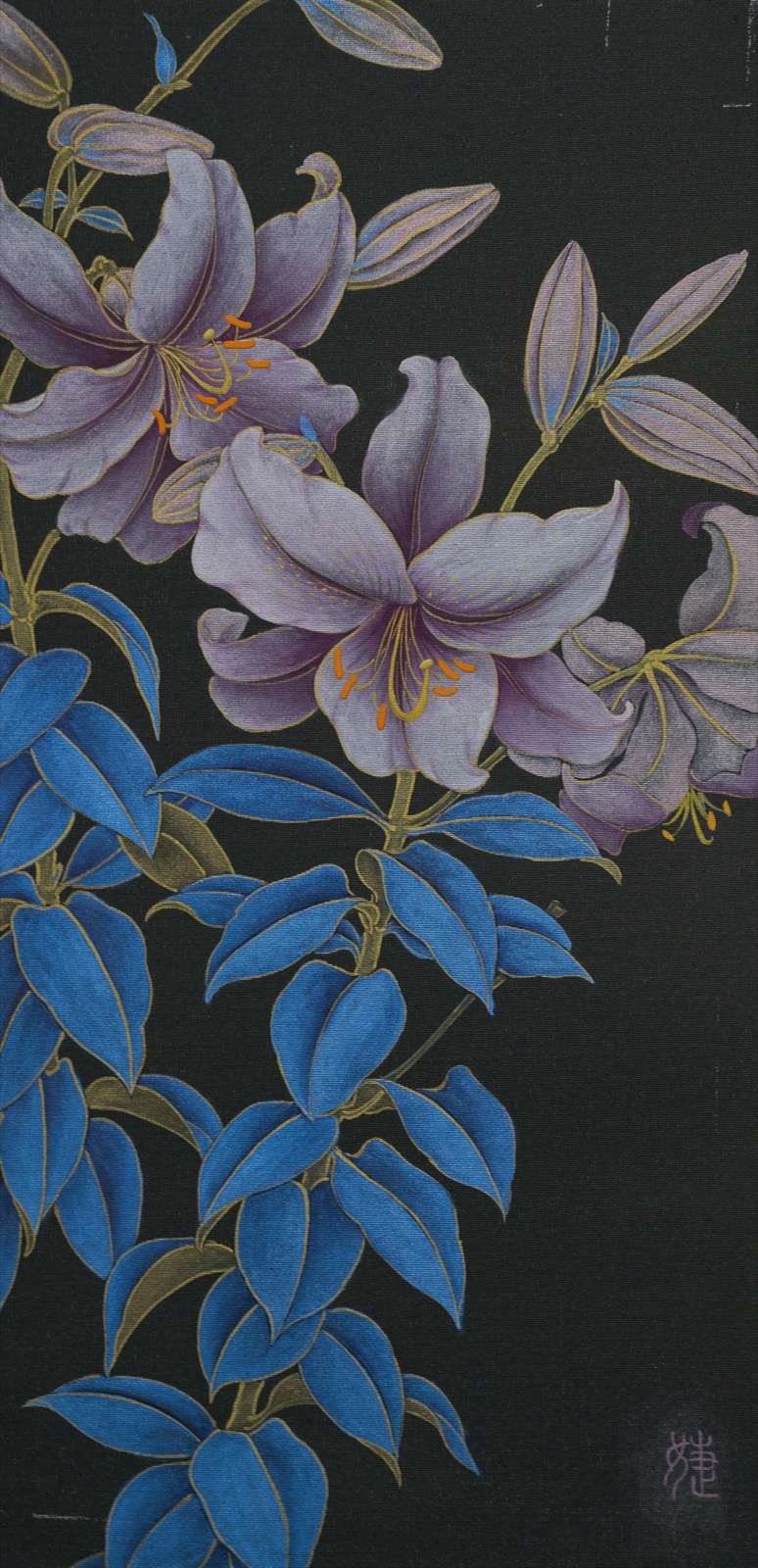 Kejie Lin, Flowers 2, 2024, Chinese ink, natural pigments, mica powder on silk