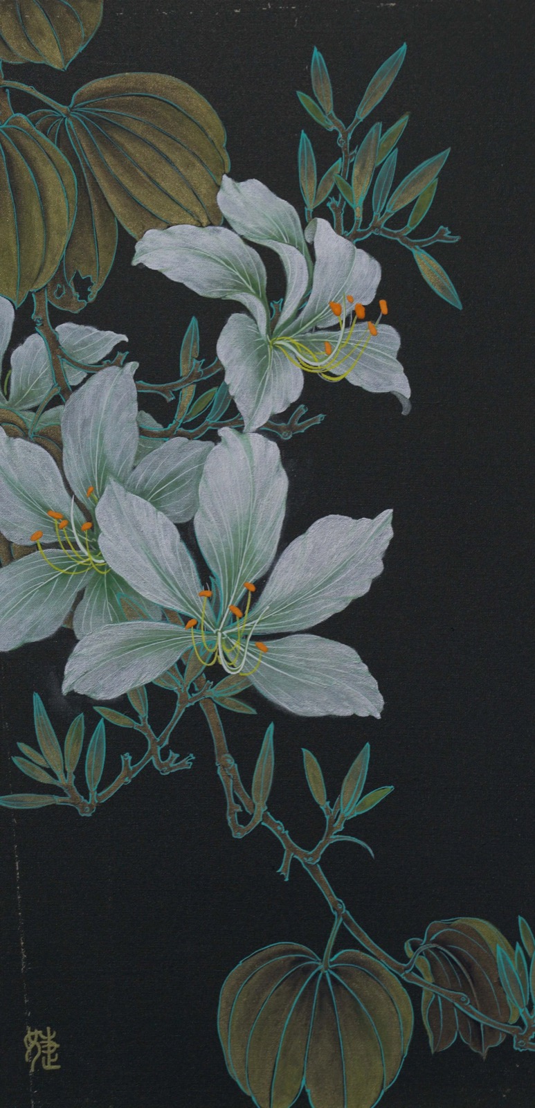 Kejie Lin, Flowers 5, 2024, Chinese ink, natural pigments, mica powder on silk