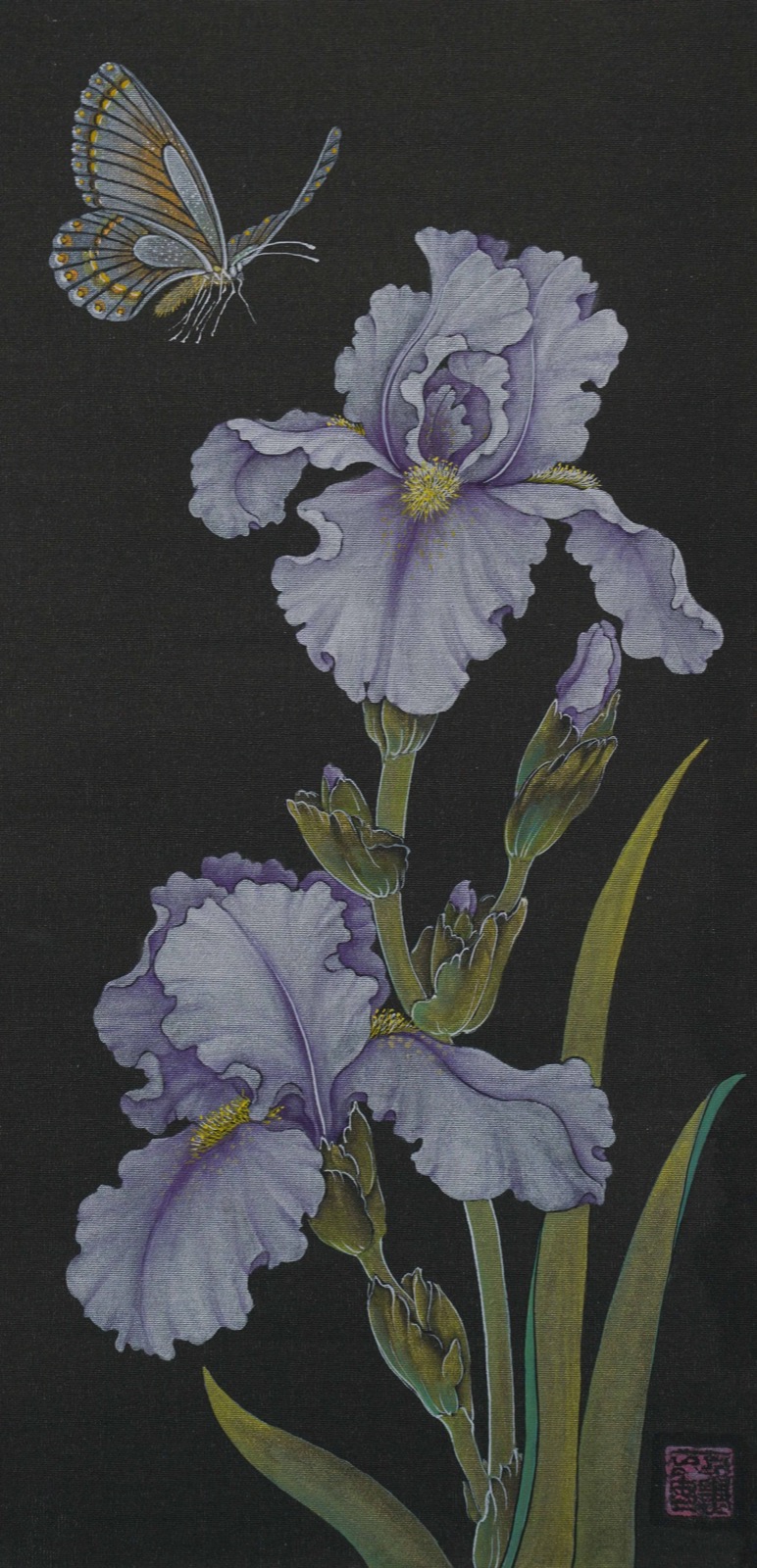 Kejie Lin, Flowers 6, 2024, Chinese ink, natural pigments, mica powder on silk