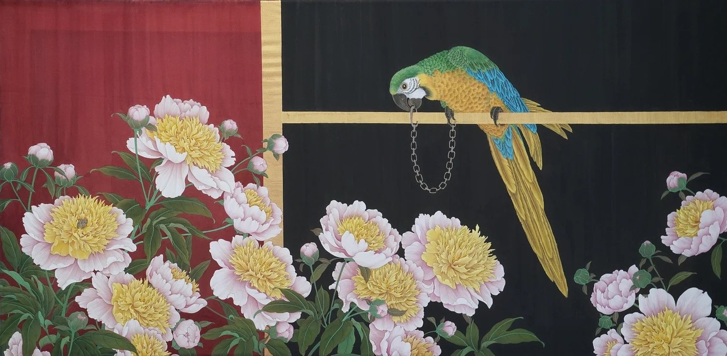 Kejie Lin, Peony and Parrot, 2025, ink and colour on silk