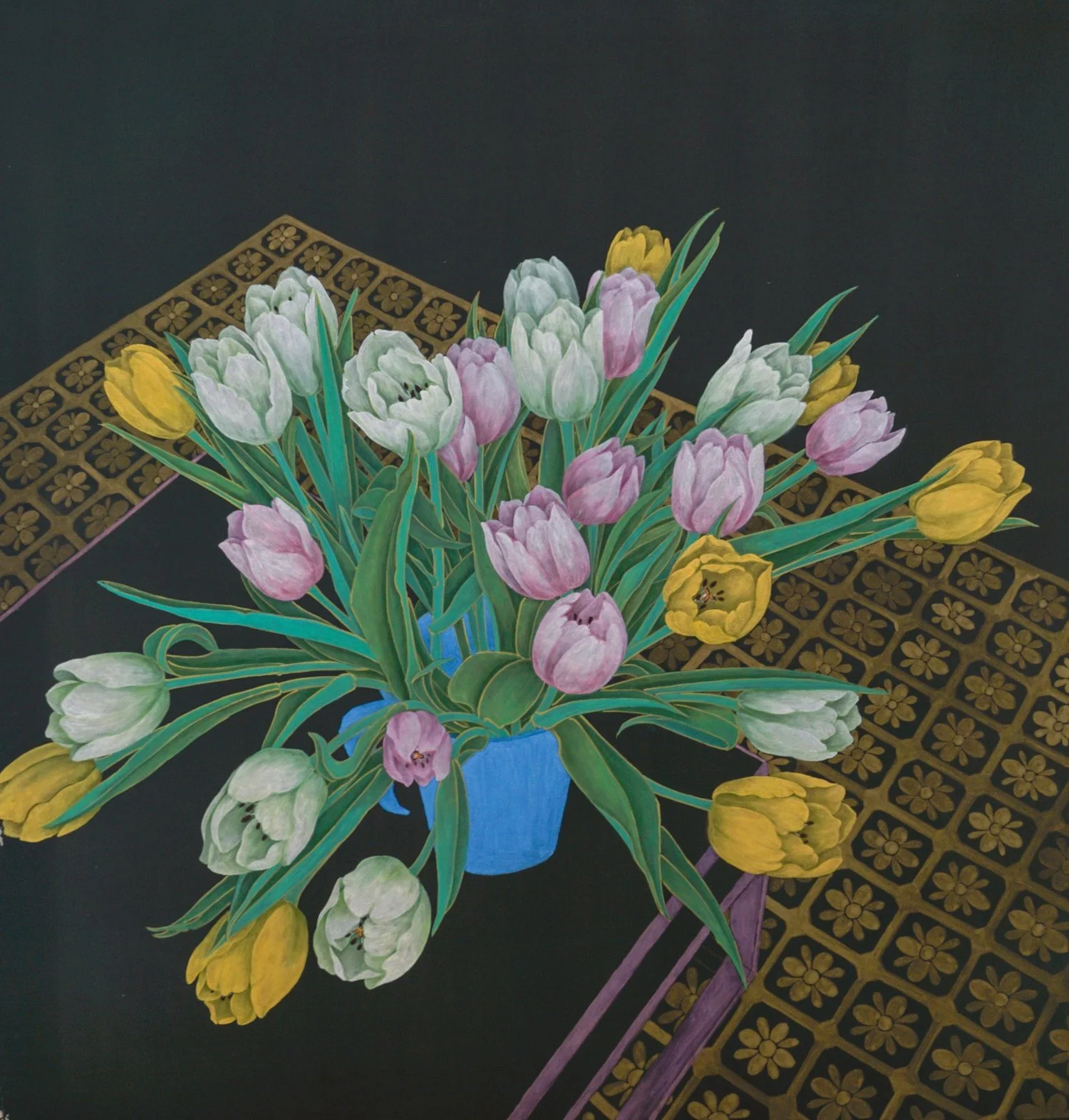 Kejie Lin, Tulips, 2024, Chinese ink, natural pigments and mica powder on silk